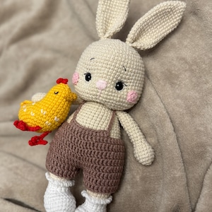 May include: A handmade crochet bunny doll with a small yellow chick. The bunny has long ears, pink cheeks, and is wearing brown overalls and white socks. The chick has red accents. The toys are made of yarn.