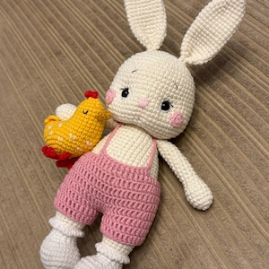 May include: A handmade crochet bunny doll with a yellow chick. The bunny is white with pink cheeks and overalls. The chick is yellow with red accents. The doll is lying on a brown surface.
