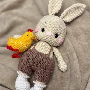 May include: A handmade crochet bunny doll with a yellow chicken. The bunny has long ears, pink cheeks, and brown overalls. The chicken is yellow with red accents. The doll is made of soft yarn and is a cute, cuddly toy.