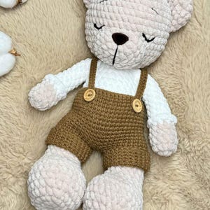 May include: A crocheted teddy bear with a soft, plush texture. The bear is dressed in a white shirt and brown overalls with wooden buttons. The bear's eyes are closed, and the text "Night night.." is visible.