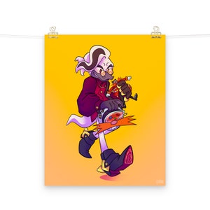 May include: A white and purple cartoon character with a long nose and glasses is holding a red and black cartoon character. The background is yellow.