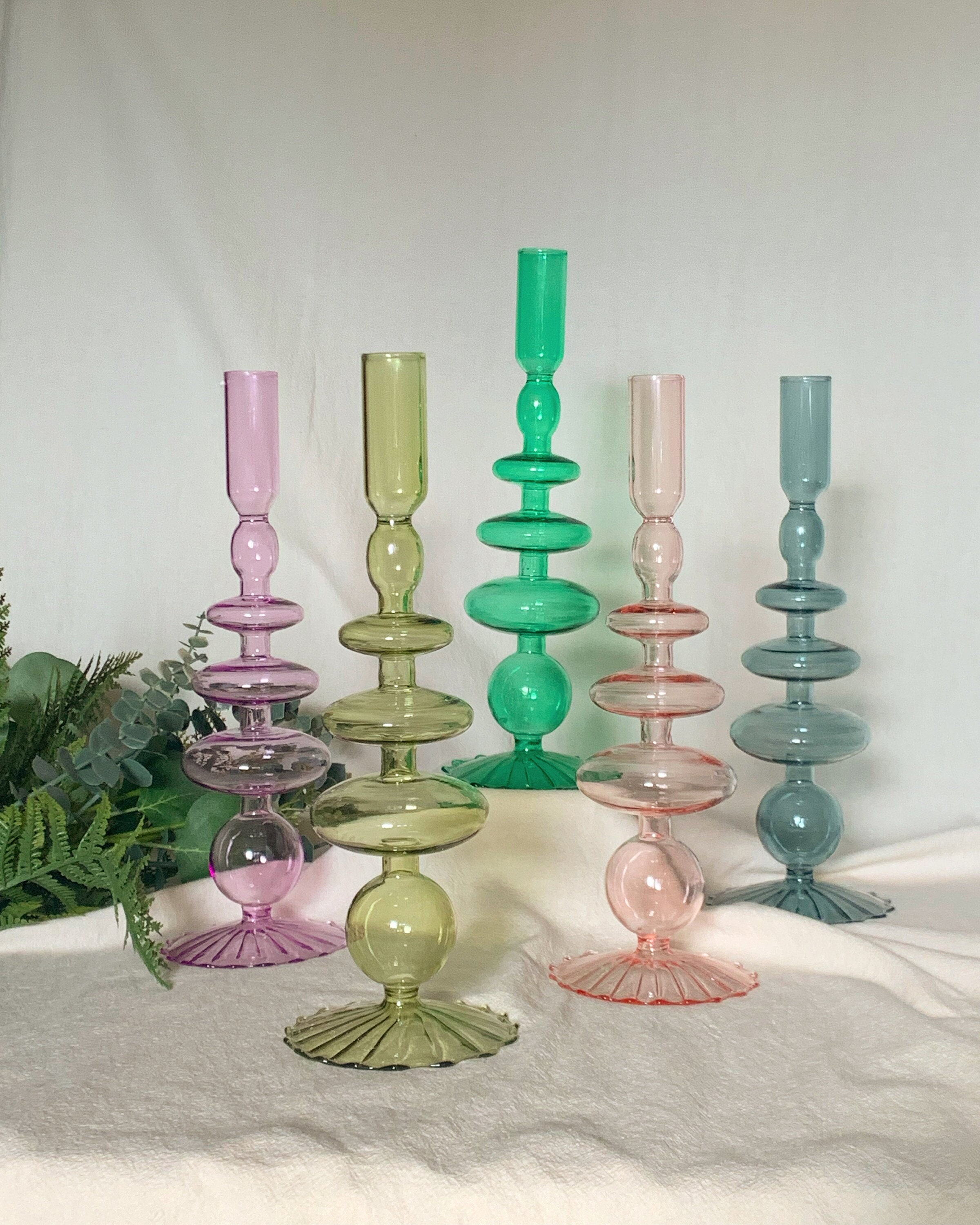 Coloured Glass Bubble Candlestick Holder 20cm Tall Colourful