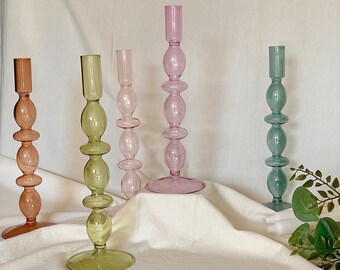 Coloured Glass Candle Holder, Christmas Gift, New Home, Vintage Glass Candle Holder, Romantic Glassware, Candlestick Holder, Retro Glass