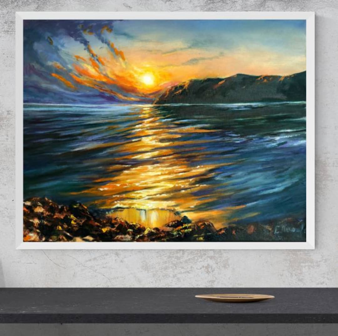 油絵 uF6-111409 風景（朝陽、夕陽を浴びた岩山）