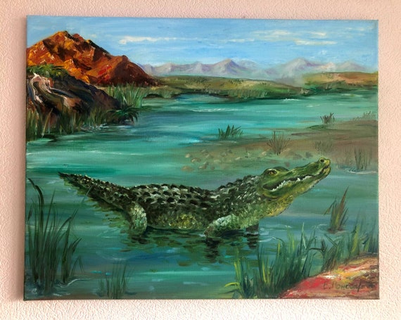 ワニの油絵、水生動物の油絵、ジャングルの緑の動物の絵、空と水と山の