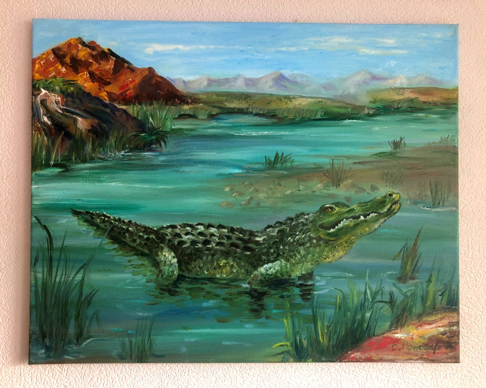 ワニの油絵、水生動物の油絵、ジャングルの緑の動物の絵、空と水と山の