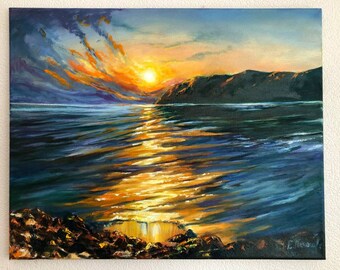 油絵 絵画 【波と夕暮れ】 夕焼けの絵画、川と山の絵画、夕方の夕日、水と太陽、オリジナルの風景
