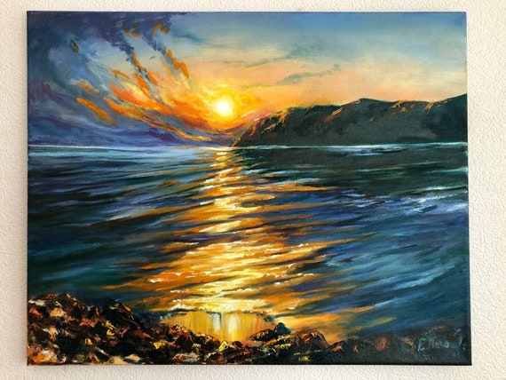 夕焼けの絵画、川と山の絵画、夕方の夕日、水と太陽、オリジナル