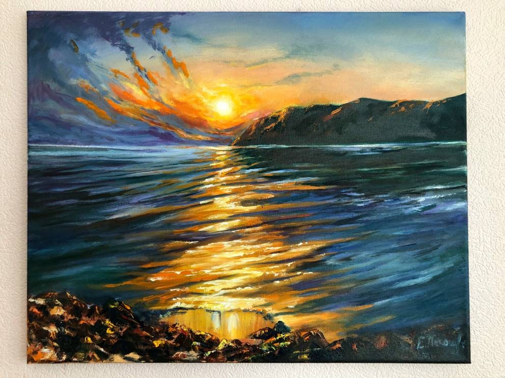 ジャマイカ　絵画　海　景色　油絵　夕焼け　夜景　朝日 夕焼けの絵画、川と山の絵画、夕方の夕日、水と太陽、オリジナル