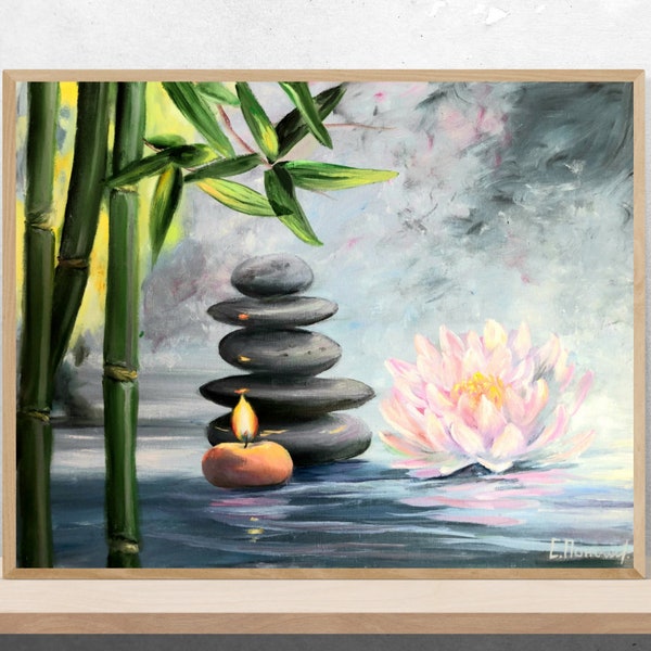 Waterbloemen schilderen, stenen schilderen, meer olieverfschilderij, bamboe schilderen, ontspannen waterlek schilderen, blauwe lucht olieverfschilderij, cadeau, 40×50cm