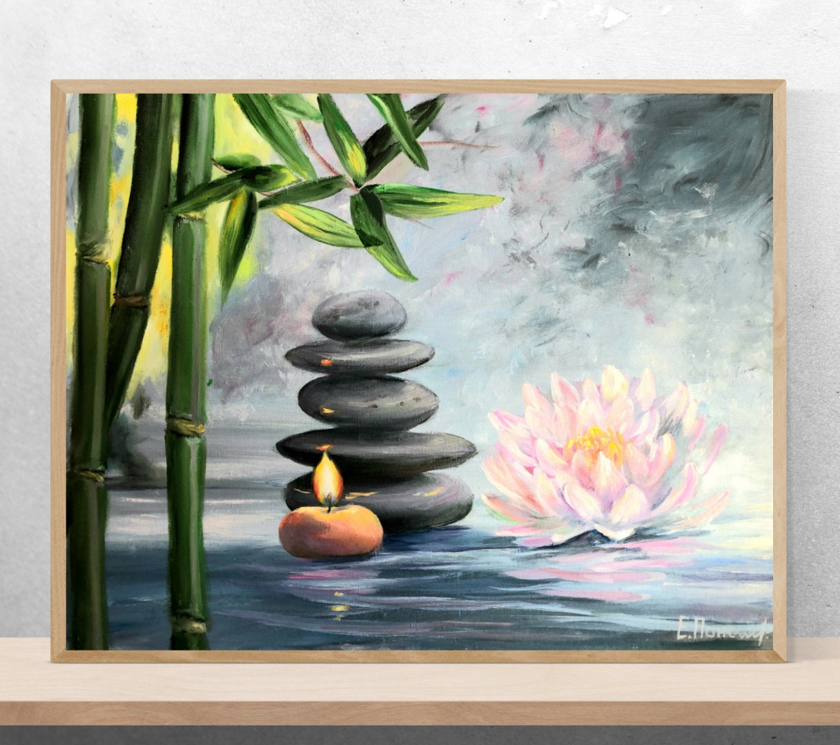 水の花の絵、石の絵、湖の油絵、竹の絵、リラックスした水漏れの絵