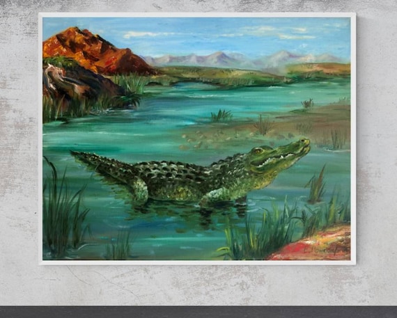 ワニ　油絵　モルタルと木材の額 ワニの油絵、水生動物の油絵、ジャングルの緑の動物の絵、空と水と山の