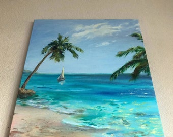 夏のビーチの絵画、ヤシの木と海の油絵、穏やか、青い空と海の水の