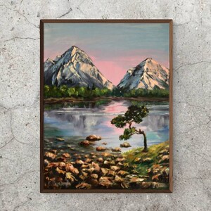 Mountains painting, River painting, Tree painting, Landscape oil art on stretched canvas, Stones painting, Birthday gift for wife