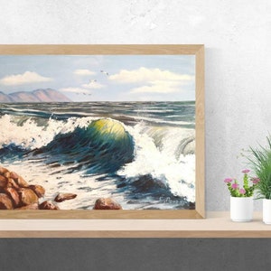 夏のビーチの絵画、ヤシの木と海の油絵、穏やか、青い空と海の水の