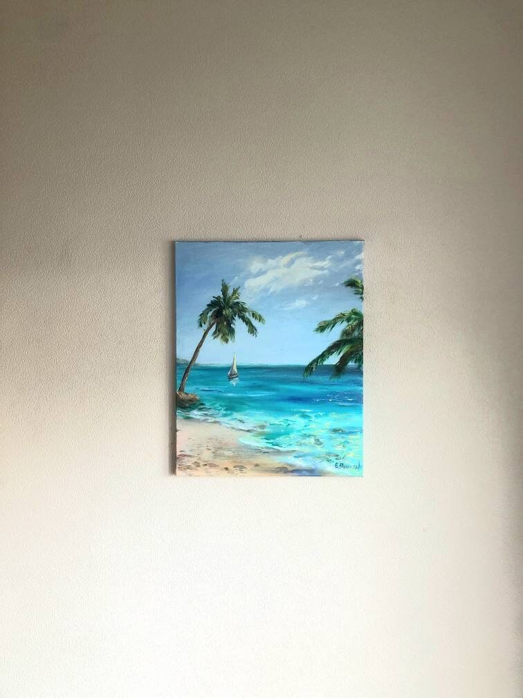 夏のビーチの絵画、ヤシの木と海の油絵、穏やか、青い空と海の水の