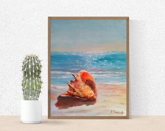 Sea landscape oil painting, Shell painting, Seascape painting, Sea shell painting, Costal painting, Oil art on stretched canvas, 40x50cm