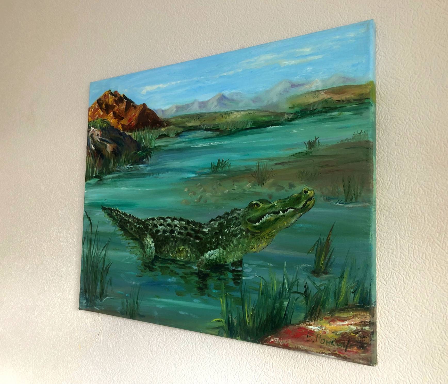 ワニの油絵、水生動物の油絵、ジャングルの緑の動物の絵、空と水と山の