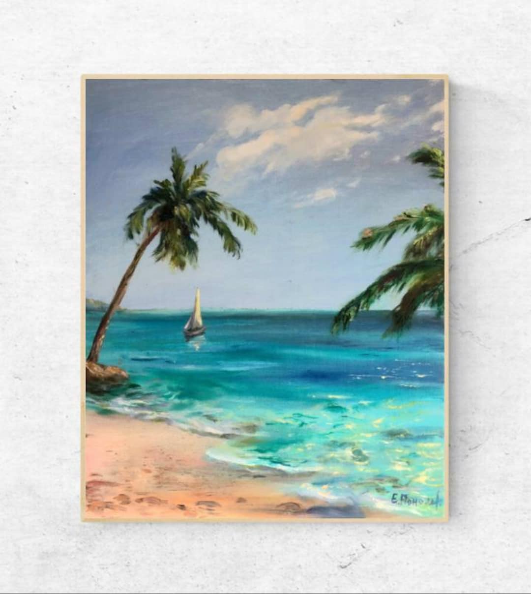 Lienzo Tropical Para Pared - Olas Del Océano Y Hojas De Palm