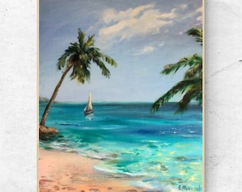 夏のビーチの絵画、ヤシの木と海の油絵、穏やか、青い空と海の水の