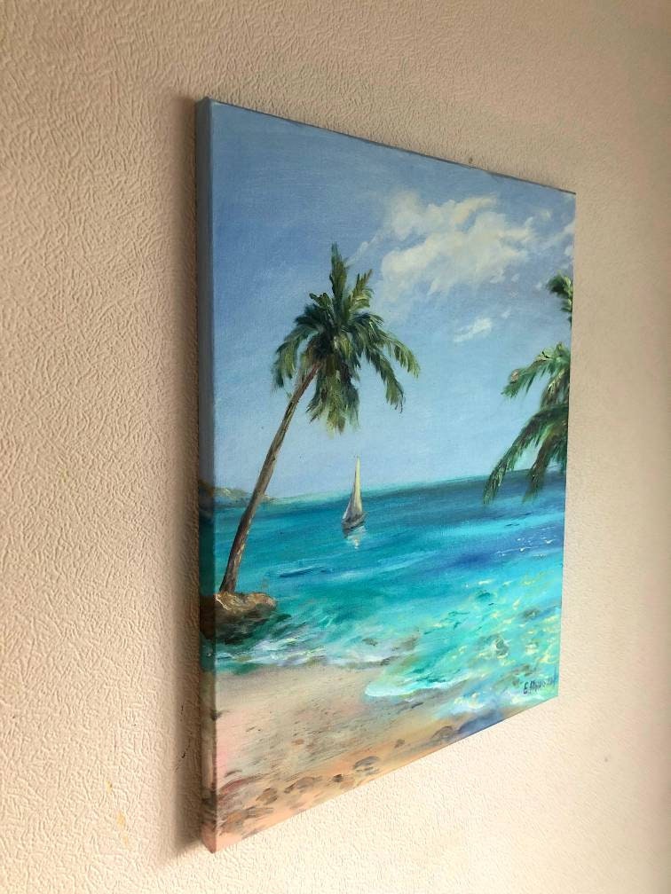 手描き 油絵 風景画 ヤシの木 ボート 夏のビーチの絵画、ヤシの木と海の油絵、穏やか、青い空と海の水の
