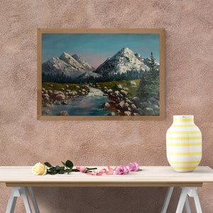 Mountain Oil Art Original Landscape Painting Stretched Canvas River Mountain Painting Living Room Wall Art Home Decor Gift 30x40cm