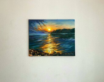 夕焼けの絵画、川と山の絵画、夕方の夕日、水と太陽、オリジナルの風景