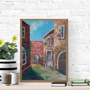 House painting, Brick house oil art, Sky painting, Original painting on canvas, Hand painted wall decor, City painting, 40x50cm