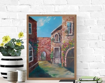 家の絵画、レンガ造りの家の油絵、空の絵画、キャンバスに描かれた