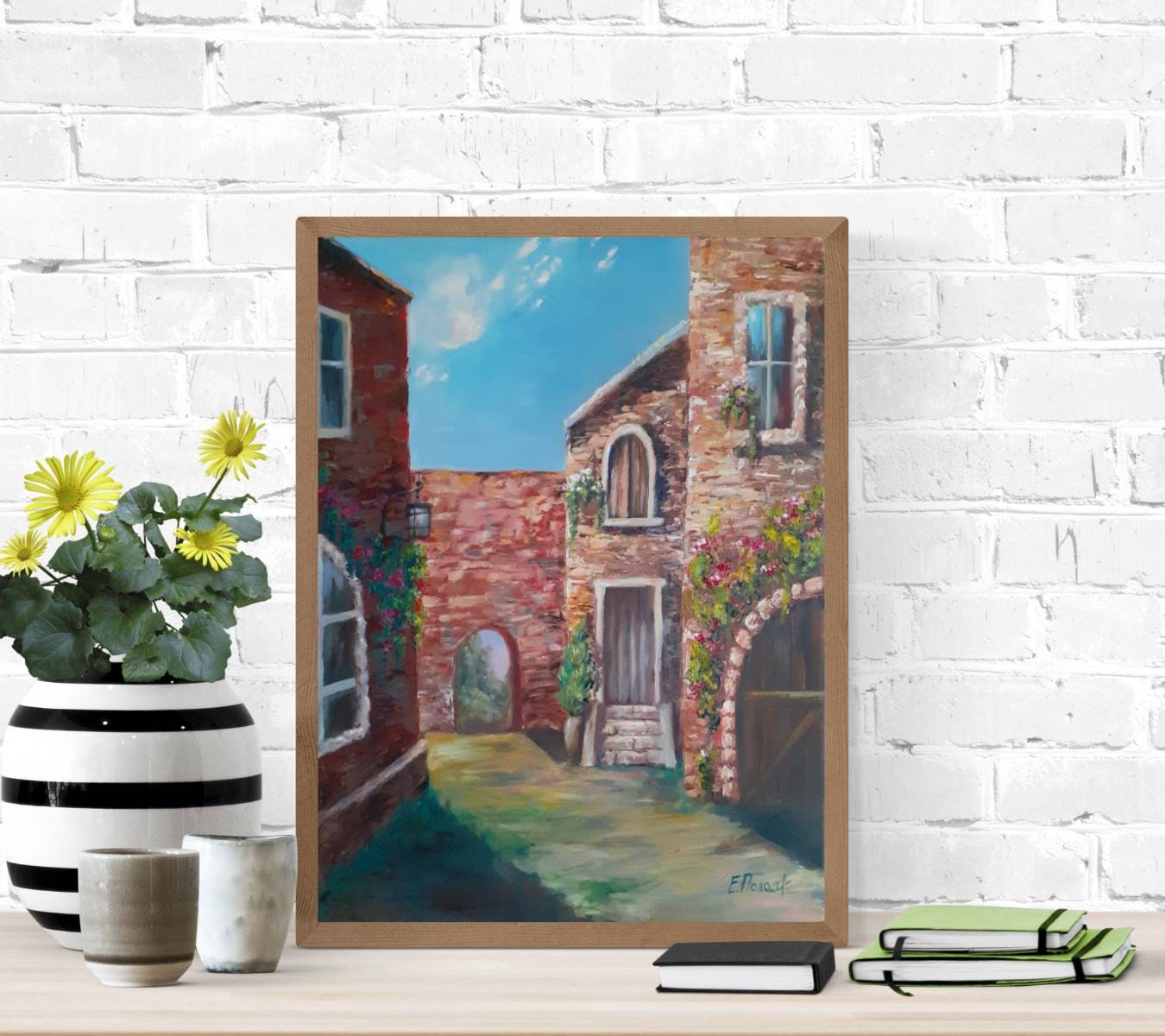 油絵　レンガの建物 家の絵画、レンガ造りの家の油絵、空の絵画、キャンバスに描かれた