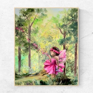Forest tree painting, Fairy painting, Little pink princess painting, Oil painting, Landscape oil art, Original gift, 40x50cm