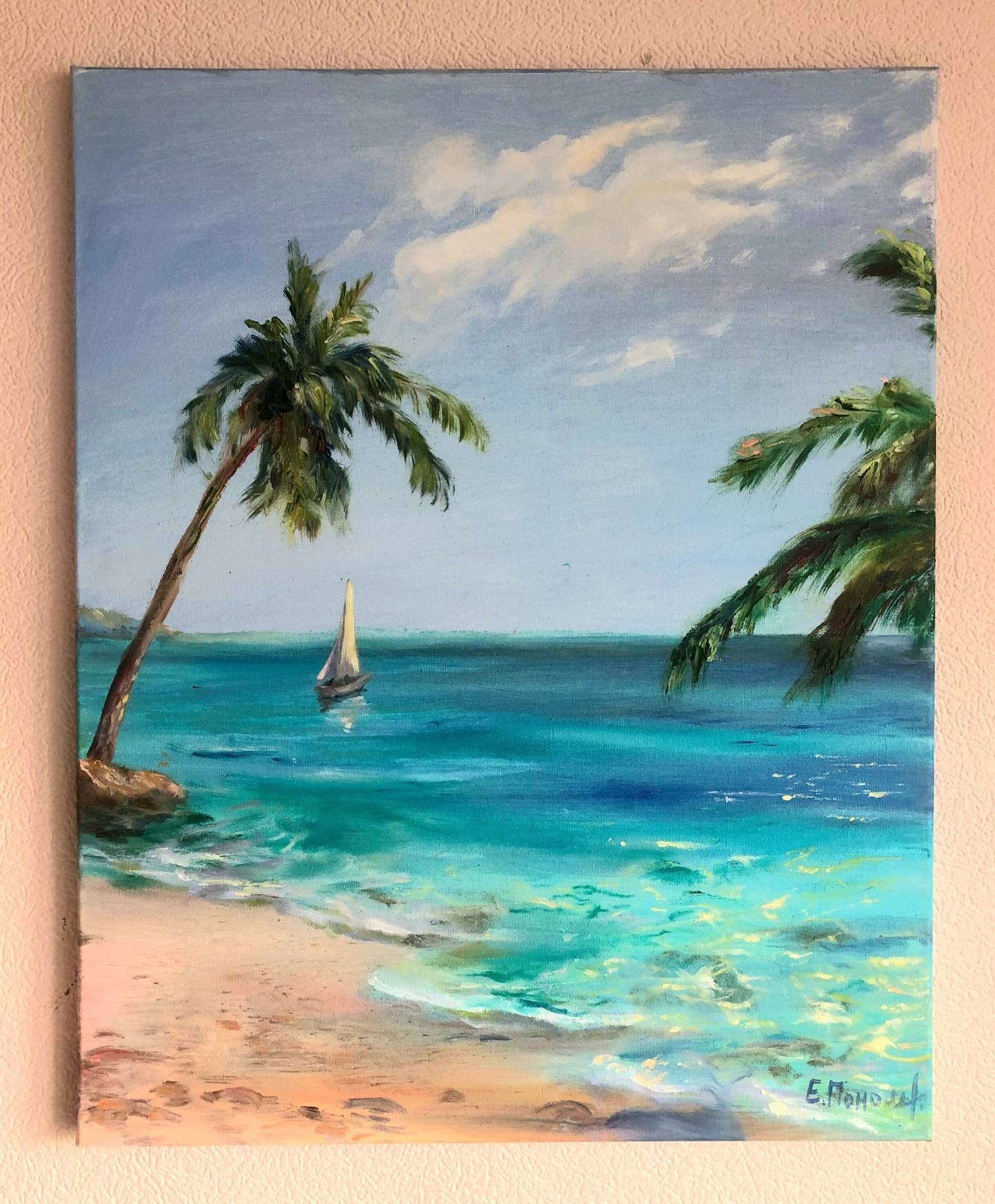 夏のビーチの絵画、ヤシの木と海の油絵、穏やか、青い空と海の水の