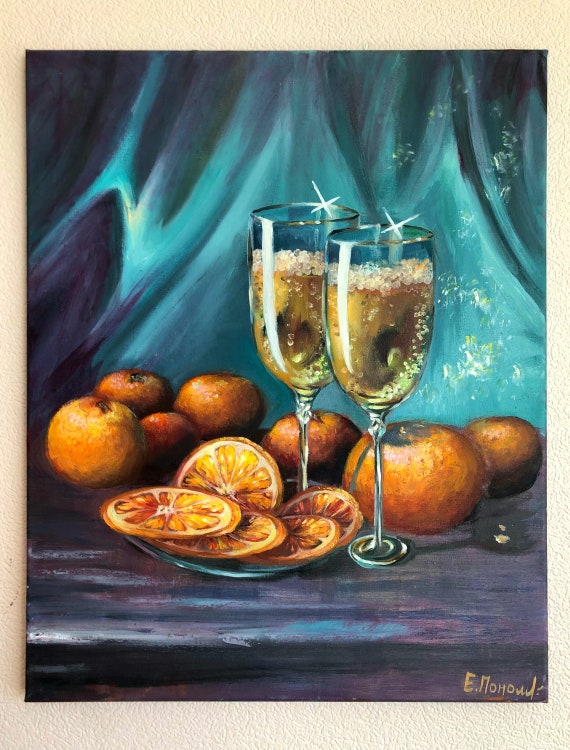 Peinture sur verre de champagne, peinture orange, peinture
