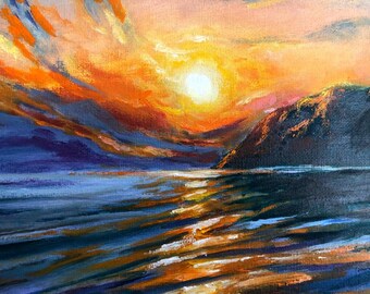 夕焼けの絵画、川と山の絵画、夕方の夕日、水と太陽、オリジナルの風景