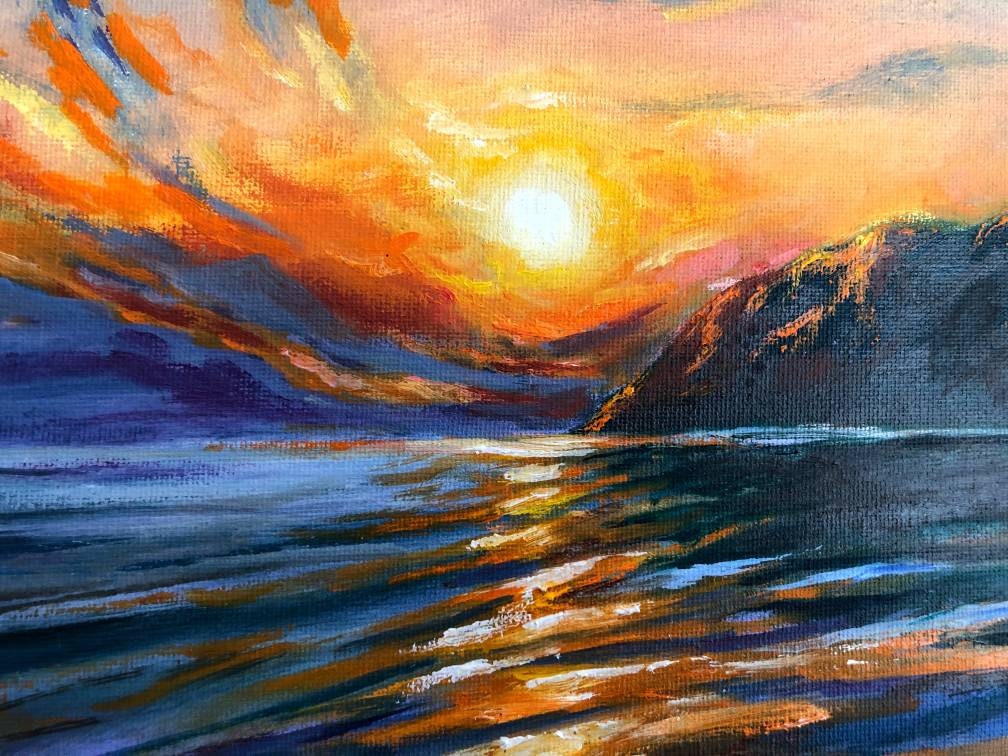 油絵 uF6-111409 風景（朝陽、夕陽を浴びた岩山）
