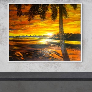 Sunset painting, Palm tree painting, Original landscape oil art, Golden sunset painting on stretched canvas, Gift for darling, 40x50