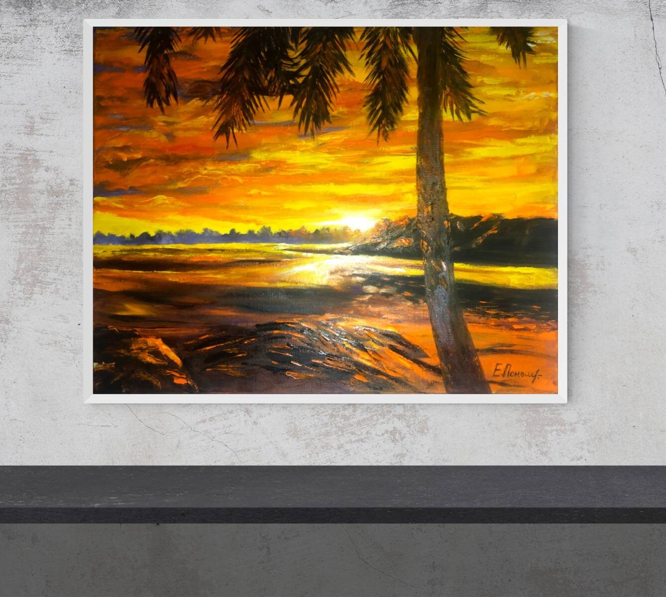 夕焼けの絵画、ヤシの木の絵画、オリジナルの風景油絵 夕焼けの絵画、ヤシの木の絵画、オリジナルの風景油絵