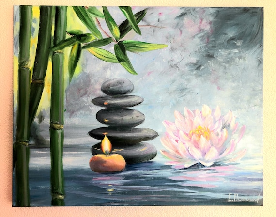 水の花の絵、石の絵、湖の油絵、竹の絵、リラックスした水漏れの絵