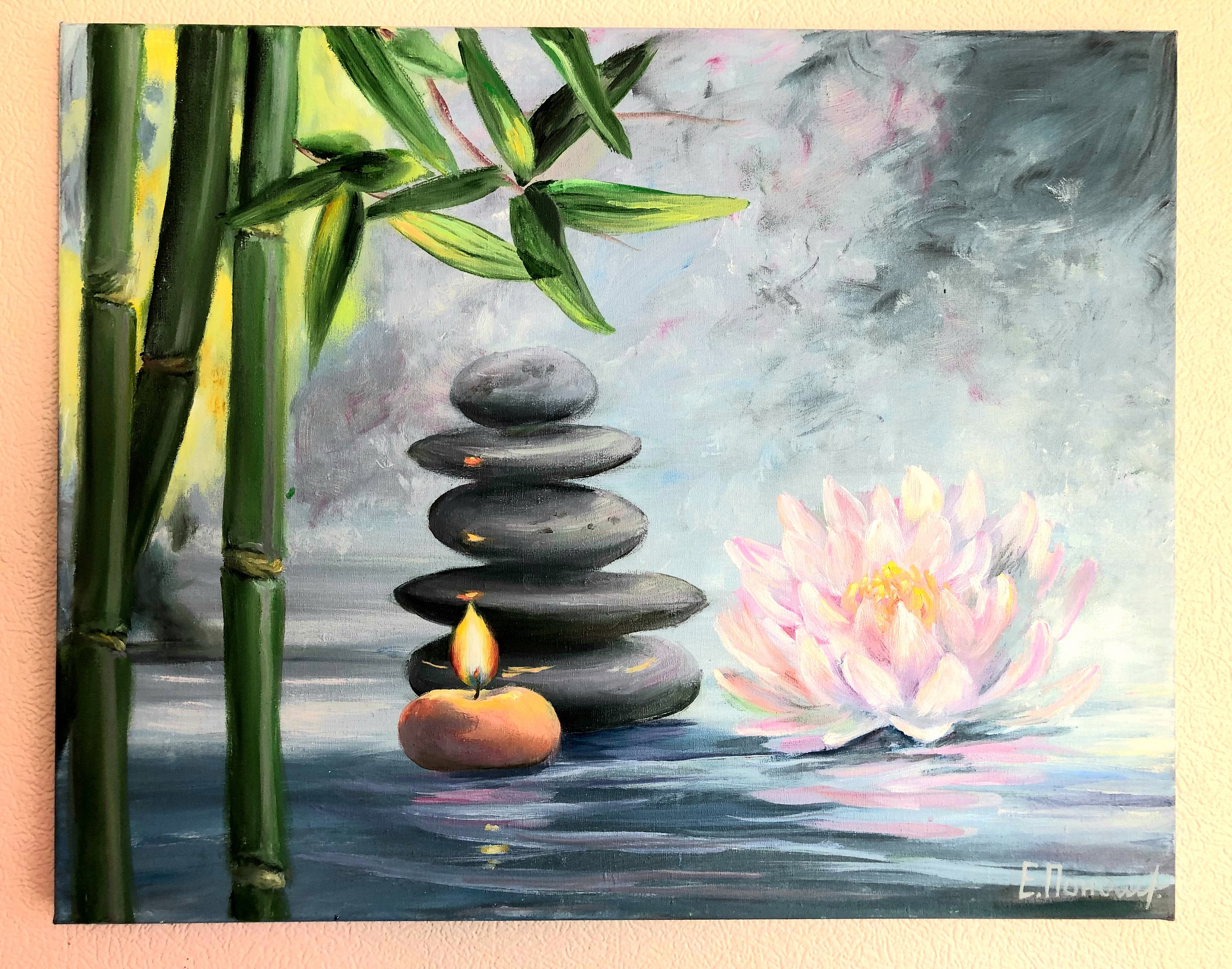 水の花の絵、石の絵、湖の油絵、竹の絵、リラックスした水漏れの絵