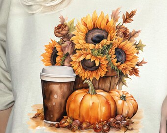 Fall Pumpkin Png, Sunflower Png, Sublimation Design, Autumn Sublimation, Watercolor Pumpkins Png, Fall Sublimation Design, Fall Coffee Png