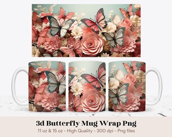 3d Sublimation Designs for Mugs, 3d Butterfly Mug Wrap, 3d Mug Wrap Flowers, 3d Floral Mug Wrap, Butterfly Mug Sublimation, 3d Mug Design