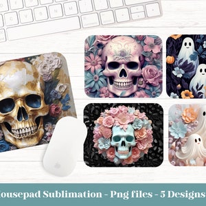 Peut inclure: Cinq designs différents de tapis de souris avec un crâne orné de fleurs et des fantômes ornés de fleurs. Les motifs sont de couleurs variées, notamment rose, bleu, blanc et noir.