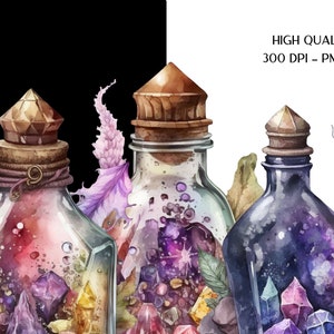 Peut inclure: Illustration &agrave; l'aquarelle de trois flacons en verre avec des formations cristallines &agrave; l'int&eacute;rieur. Les flacons ont des bouchons en li&egrave;ge et sont entour&eacute;s de feuillage violet et vert. Le texte "HIGH QUALITY 300 DPI - PNG FILE" est visible.