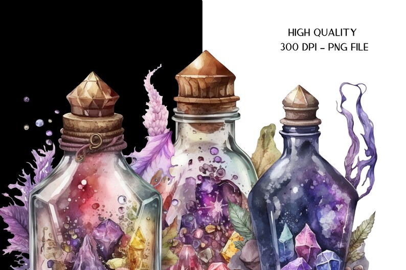 Peut inclure: Illustration &agrave; l'aquarelle de trois flacons en verre avec des formations cristallines &agrave; l'int&eacute;rieur. Les flacons ont des bouchons en li&egrave;ge et sont entour&eacute;s de feuillage violet et vert. Le texte "HIGH QUALITY 300 DPI - PNG FILE" est visible.
