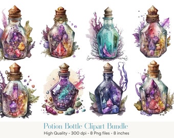 May include: Watercolor clipart bundle featuring eight potion bottles filled with colorful crystals and gems. Each bottle has a cork stopper and is surrounded by decorative elements. The image includes the text "Potion Bottle Clipart Bundle".