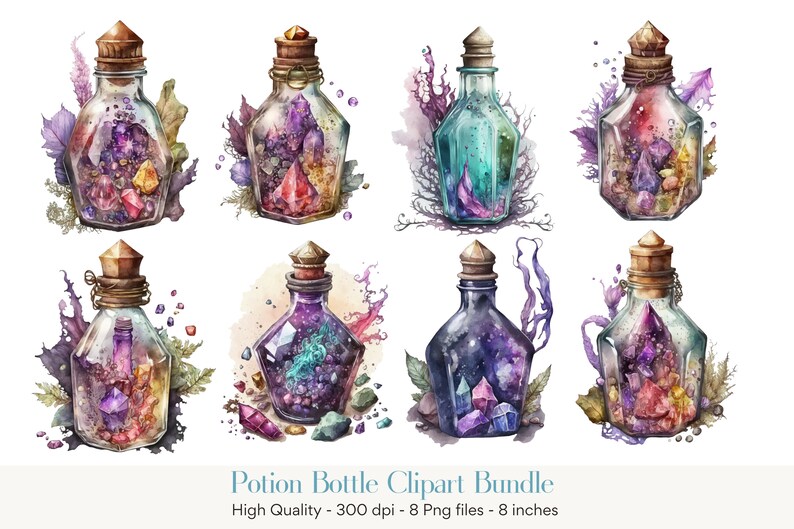 Peut inclure: Ensemble de cliparts aquarelle repr&eacute;sentant huit flacons de potion remplis de cristaux et de pierres pr&eacute;cieuses color&eacute;es. Chaque flacon a un bouchon en li&egrave;ge et est entour&eacute; d'&eacute;l&eacute;ments d&eacute;coratifs. Le texte "Potion Bottle Clipart Bundle" est inclus.