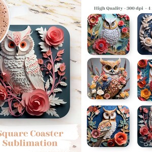 May include: Set of six square coasters featuring colorful owls with floral designs. Each coaster is 4 inches by 4 inches and printed at 300 dpi. The coasters are perfect for adding a touch of whimsy to your home decor.