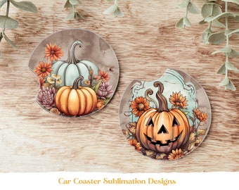 May include: Two round car coasters with sublimation designs. One coaster features a blue pumpkin with orange pumpkins and fall flowers. The other coaster features a jack-o-lantern with fall flowers.