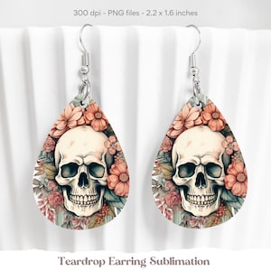 Halloween Teardrop Earrings Png, Fall Earrings Png, Halloween Earring Sublimation, Skull Tear Drop Earrings Png, Floral Skull Earrings Png