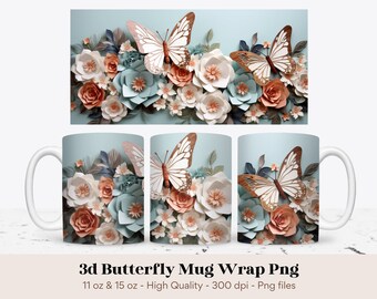 Butterfly Mug Wrap, Flower Mug Wrap, Floral Mug Sublimation Png, Spring Sublimation Mug Designs, 3d Sublimation Mug Png, Mug Wrap Butterfly